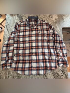 IZOD Men: XL Long-sleeve Plaid Flannel Button-down Shirt in orange, blue, white